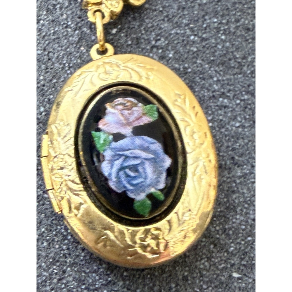 Vintage 1928 Gold Locket Blue Rose Cameo Flower Pendant Necklace 18" - Picture 11 of 16